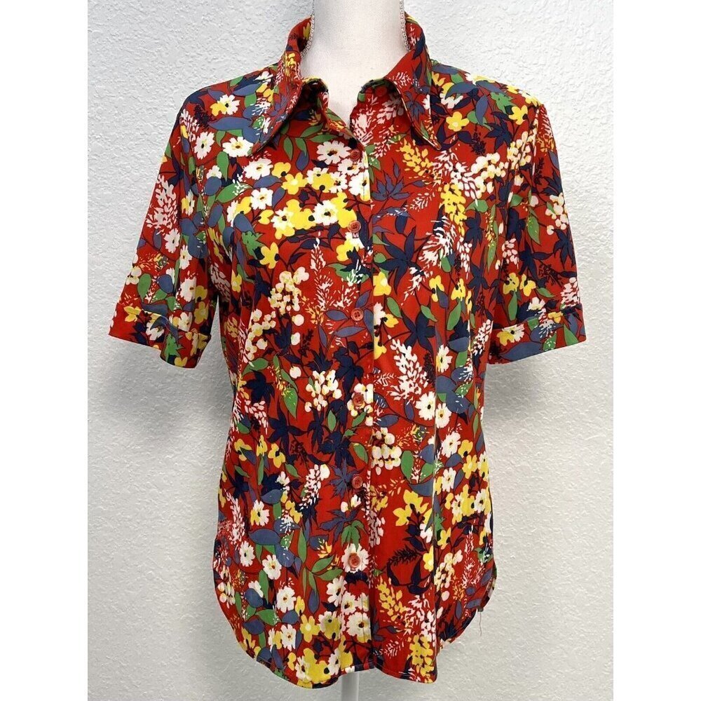 VTG 1970s CENTER STAGE Womens SMALL Red Floral Polyester S/S Button-Up BLOUSE